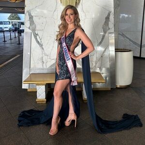 Jovani Blue and Silver Beaded Gown With Cape Sleeves